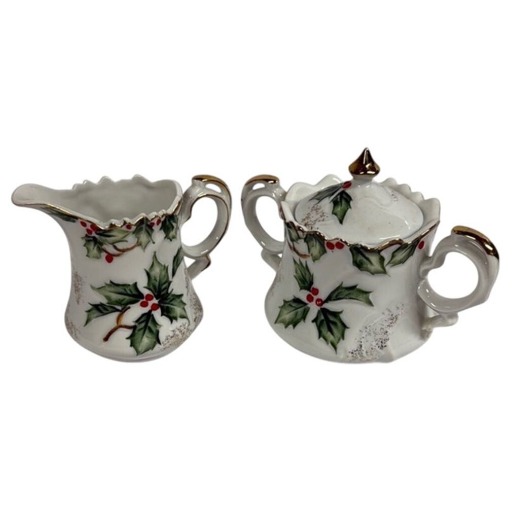 Vintage‎ Lefton China Christmas Holly Hand Painted Creamer & Sugar Set NE1965
